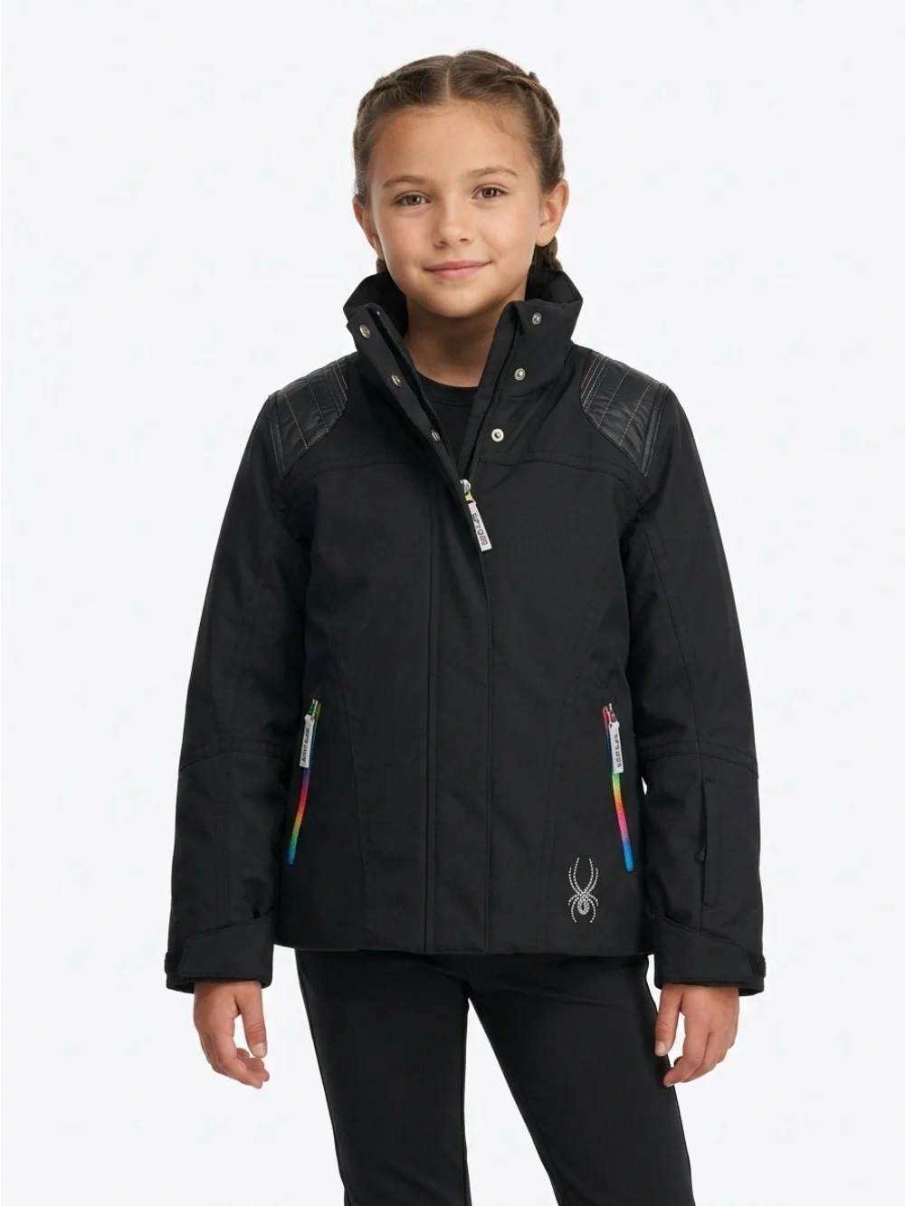 Spyder Girls Ski Jacket Rainbow Zipper Rhinestone Black Size 8